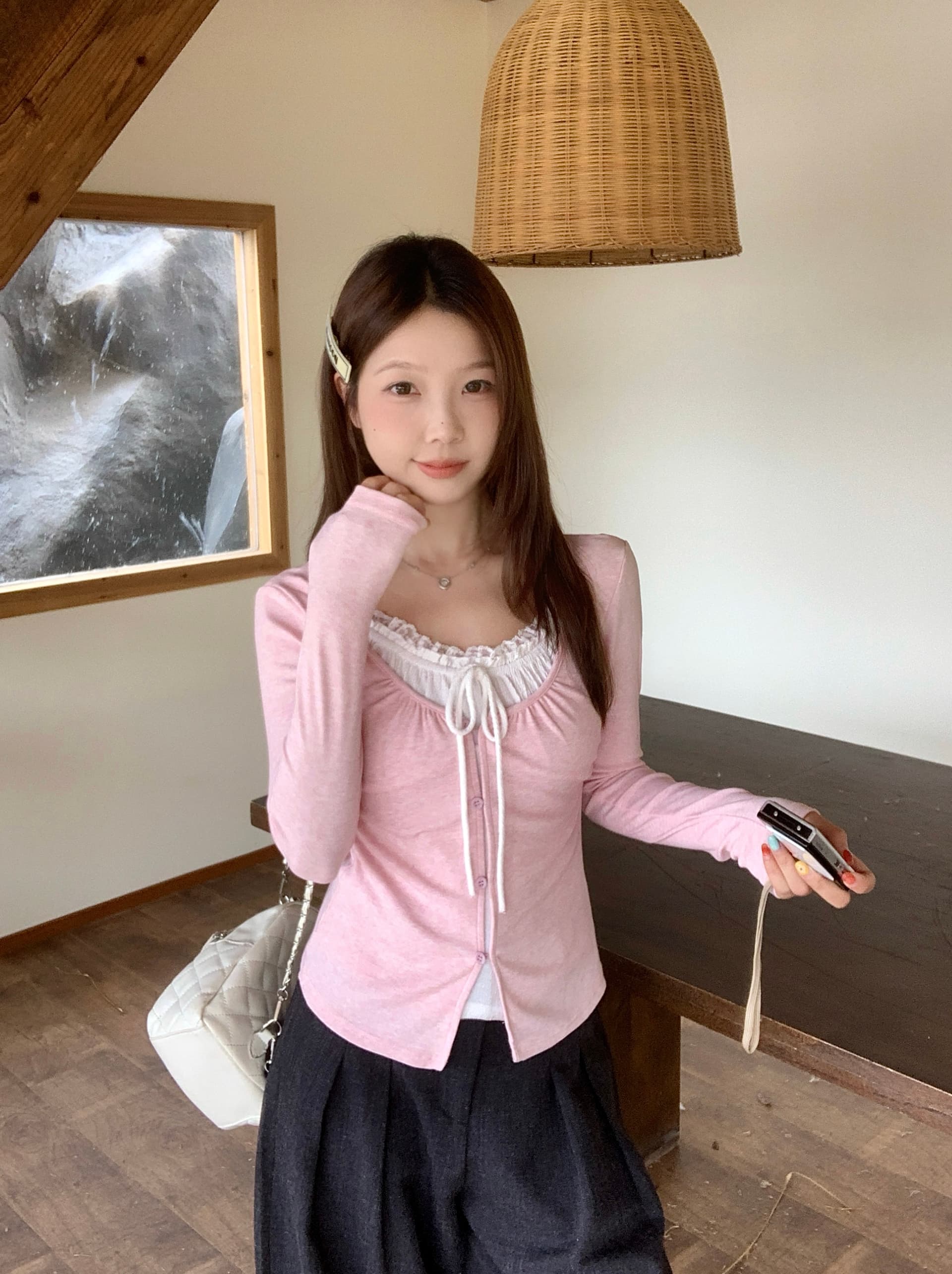 실사 빅 사이즈 여성 의류 가을 새로운 한 부서 순수한 욕망 달콤한 핫걸 주름 허리 수축 페이크 레이어드 슬림해 보이는 맨위 상세 이미지 5