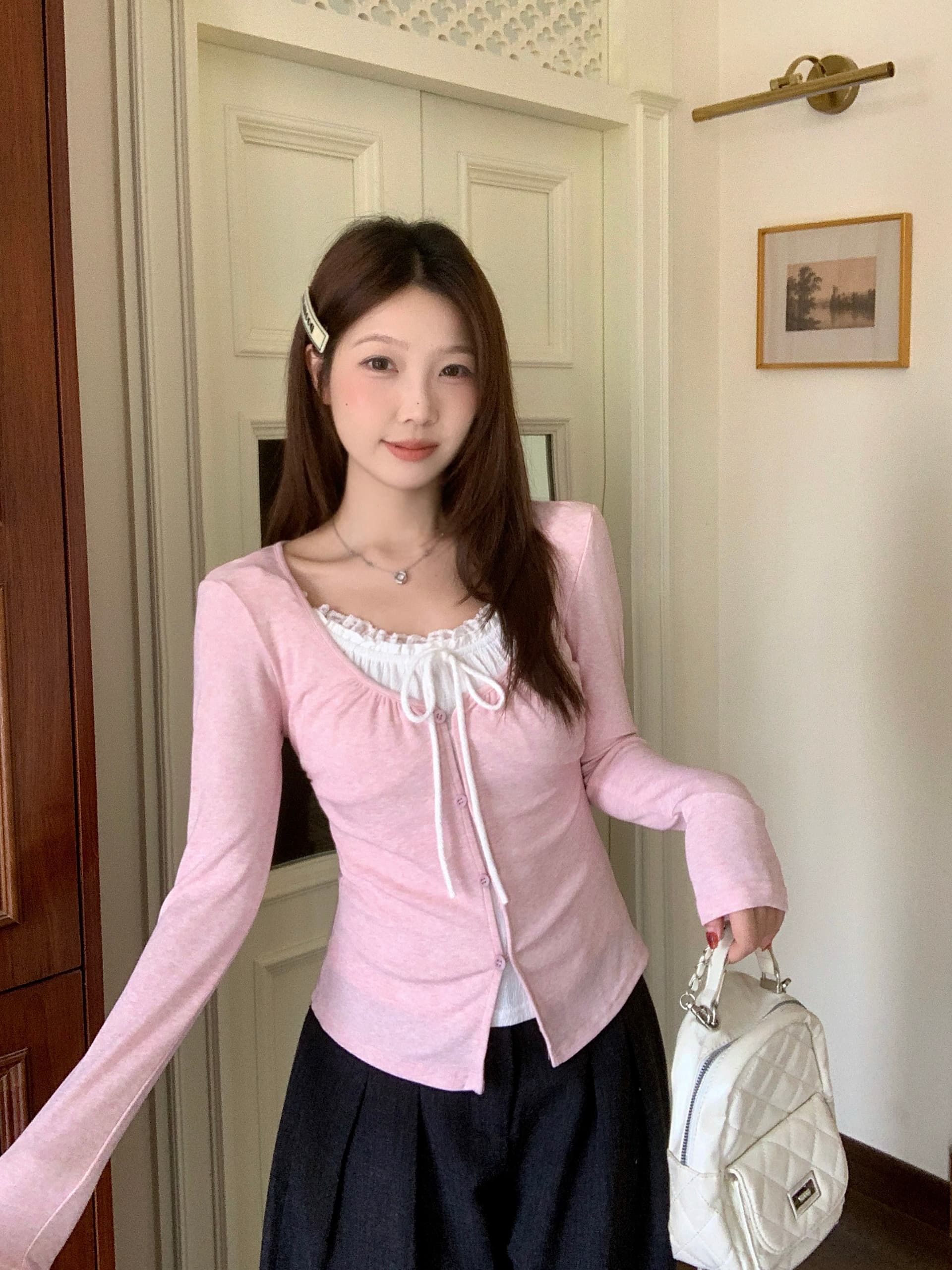 실사 빅 사이즈 여성 의류 가을 새로운 한 부서 순수한 욕망 달콤한 핫걸 주름 허리 수축 페이크 레이어드 슬림해 보이는 맨위 상세 이미지 6
