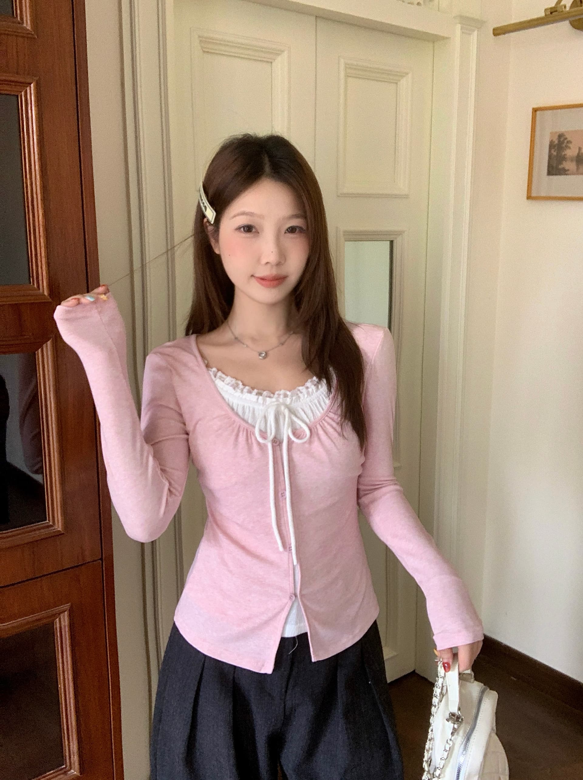 실사 빅 사이즈 여성 의류 가을 새로운 한 부서 순수한 욕망 달콤한 핫걸 주름 허리 수축 페이크 레이어드 슬림해 보이는 맨위 상세 이미지 8