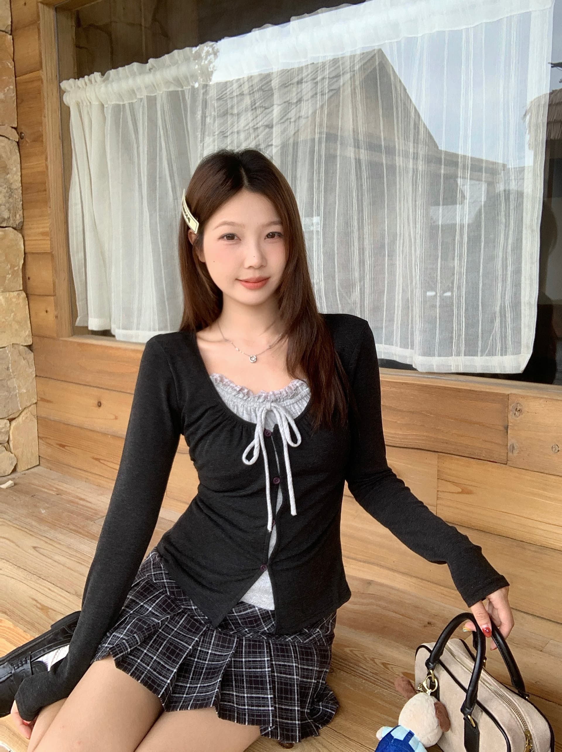 실사 빅 사이즈 여성 의류 가을 새로운 한 부서 순수한 욕망 달콤한 핫걸 주름 허리 수축 페이크 레이어드 슬림해 보이는 맨위 상세 이미지 14
