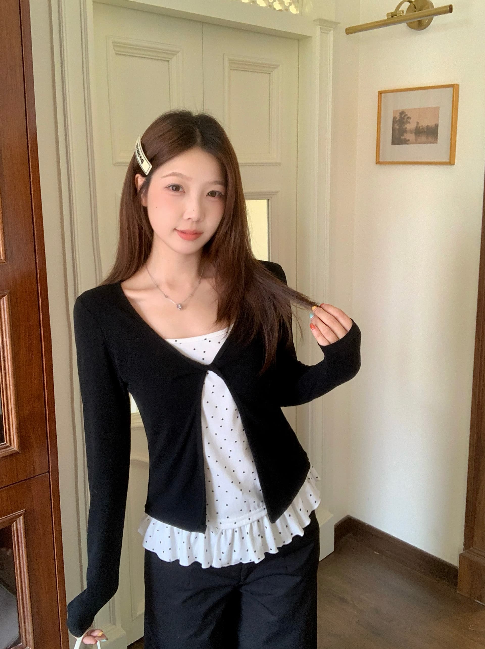 실사 빅 사이즈 통통한 여동생 한국 스타일 디자인 센스 페이크 레이어드 비틀림 레이스 긴팔 티셔츠 작은 대중 다용도 맨위 이미지 3