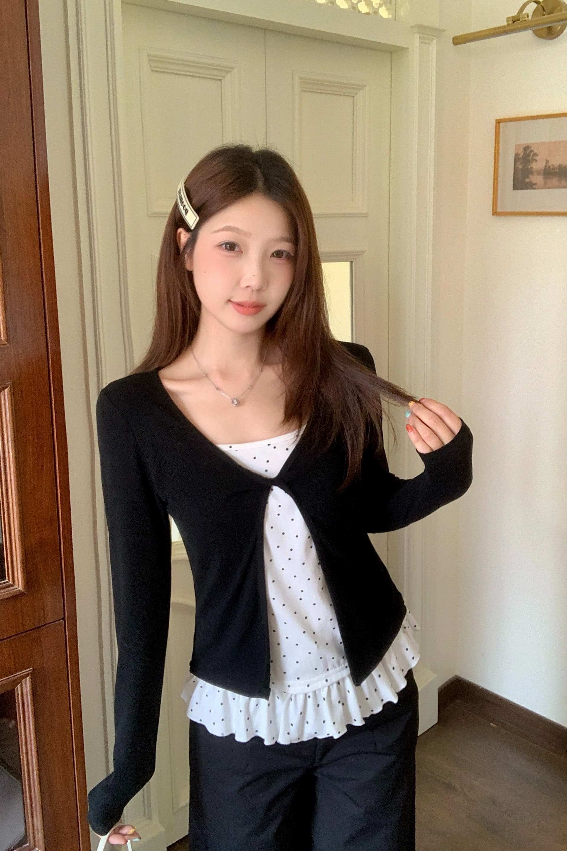 실사 빅 사이즈 통통한 여동생 한국 스타일 디자인 센스 페이크 레이어드 비틀림 레이스 긴팔 티셔츠 작은 대중 다용도 맨위 이미지 6