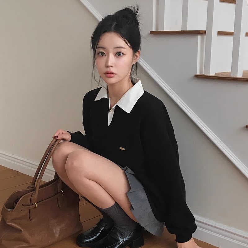 한국 chic 이른 봄 프랑스식 연령 감소 POLO 칼라 배색 루즈핏 캐주얼 작은 키 다용도 긴팔 풀오버 스웨트셔츠 이미지 3