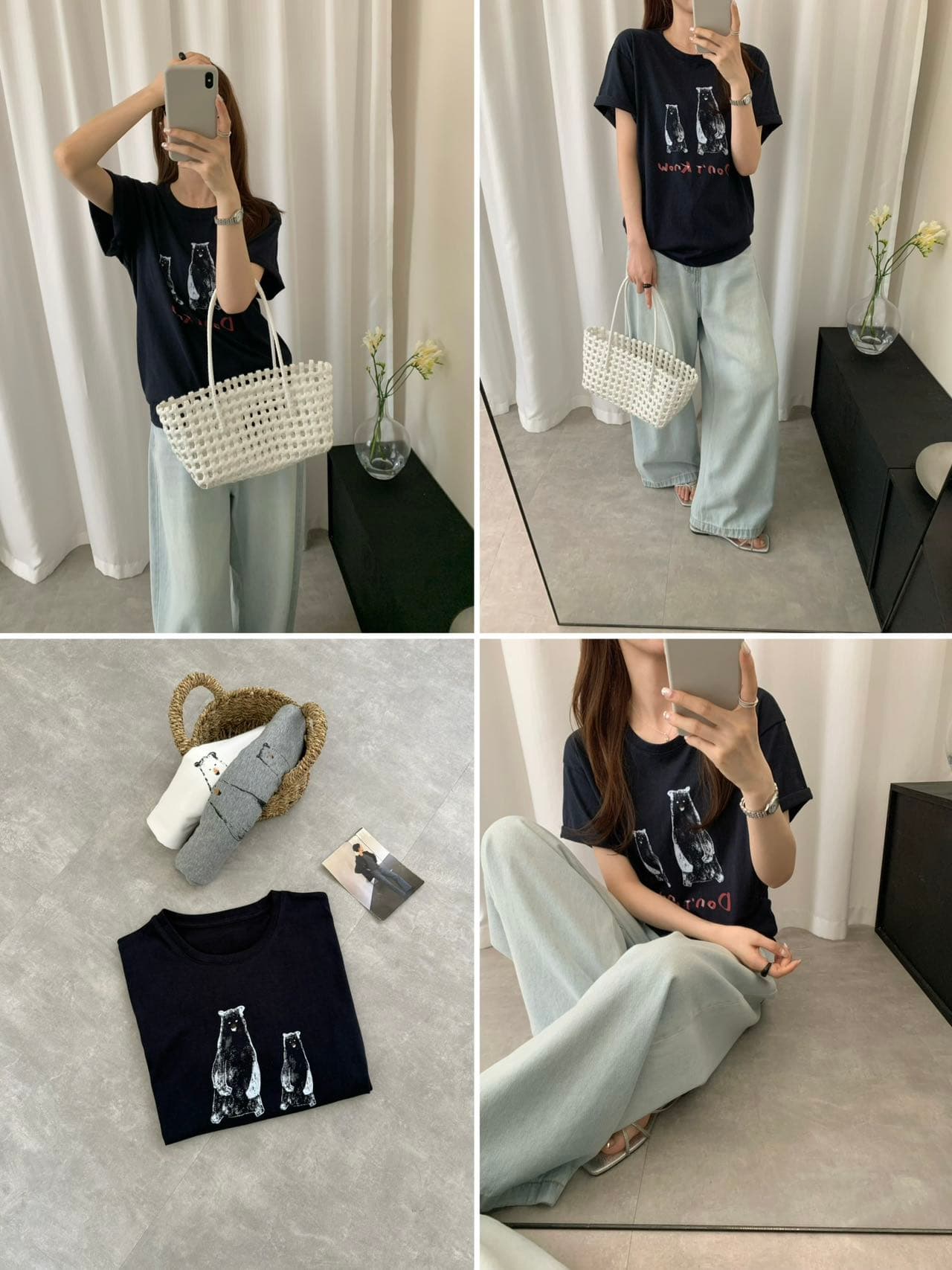 한국 동대문 한 부서 미니멀리즘 프린트 루즈핏 슬림해 보이는 라운드 넥 반팔 티셔츠 상세 이미지 19