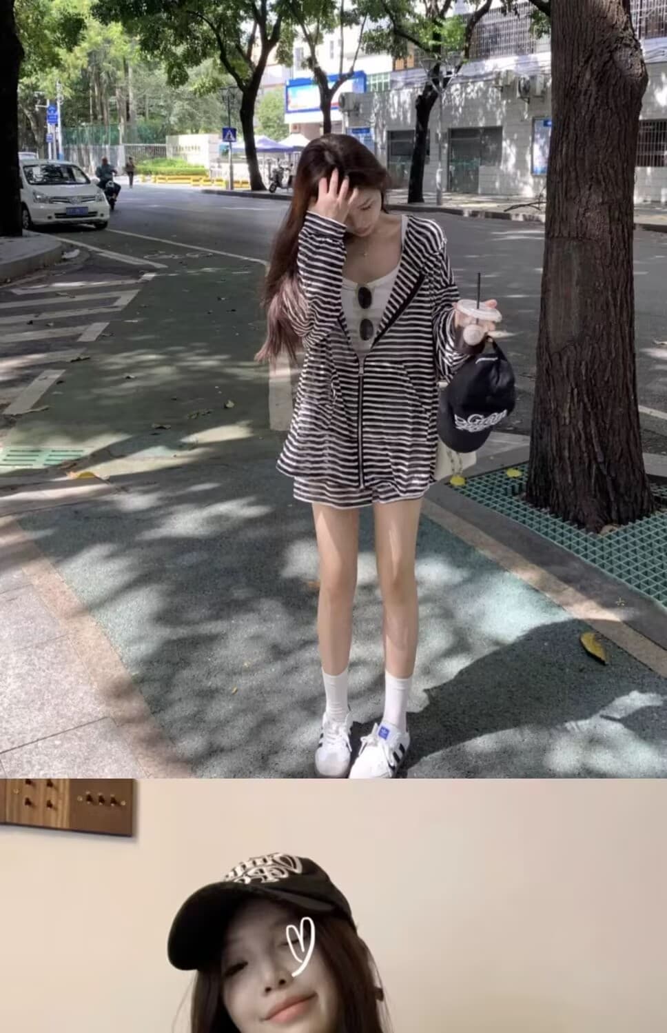 패션 캐주얼 루즈핏 스트라이프 세트 여자 학생 봄 여름 가을 캐미솔 후드 재킷 반바지 3종 세트 상세 이미지 6