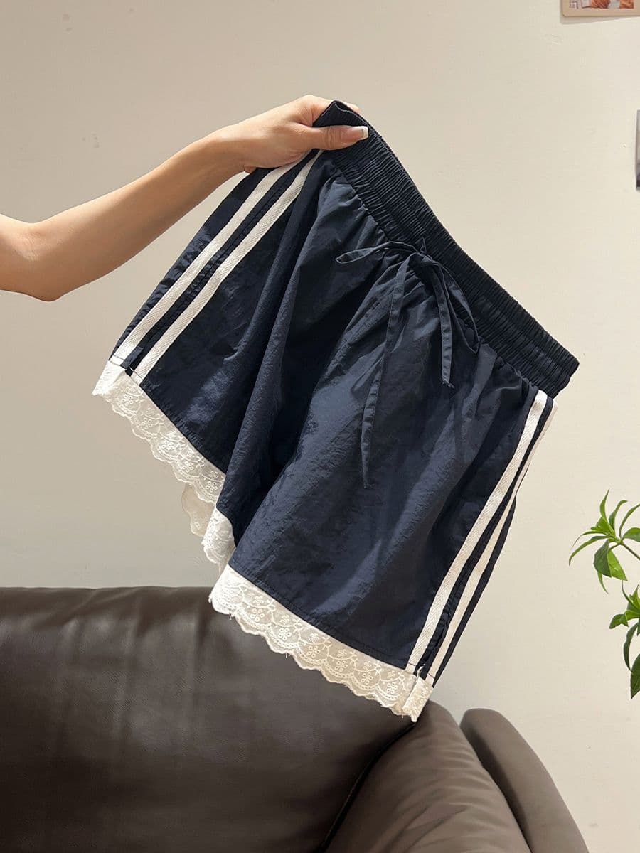 원본 원단 블루 색상 디자인 센스 여성 레저 다용도 허리밴드 레이스 조각 레이스 짧은 바지 상세 이미지 3