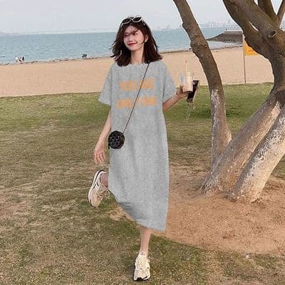 캐주얼 반팔 여성 드레스 여름 드레스 빅 사이즈 여성 의류 통통한 여동생 치마 아이들 한국 스타일 루즈핏 패션 무릎 아래 티셔츠 이미지 2