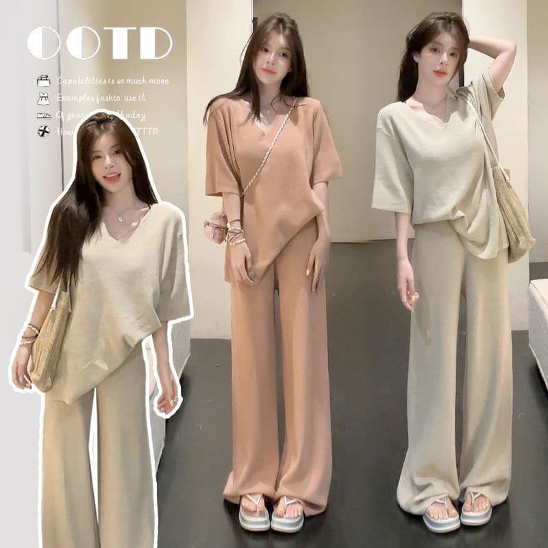 여름 새로운 느긋한 루즈핏 와이드 레그 팬츠 캐주얼 패션 반팔 여성 한 부서 느슨함 센스 투피스 세트 이미지 3