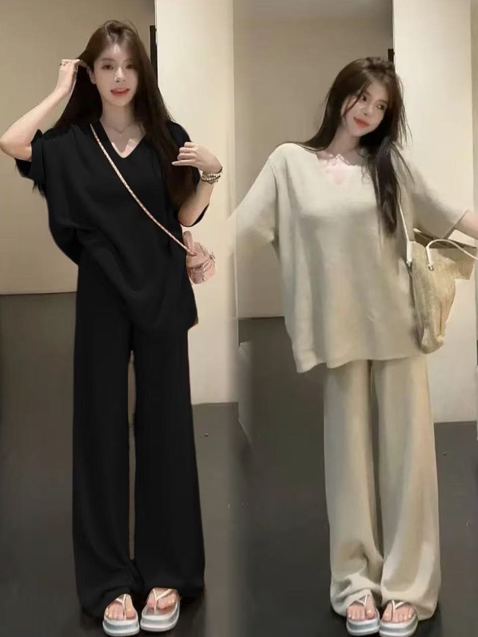 여름 새로운 느긋한 루즈핏 와이드 레그 팬츠 캐주얼 패션 반팔 여성 한 부서 느슨함 센스 투피스 세트 이미지 4