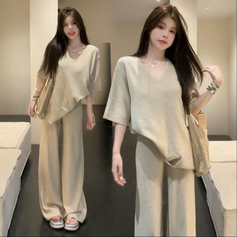 여름 새로운 느긋한 루즈핏 와이드 레그 팬츠 캐주얼 패션 반팔 여성 한 부서 느슨함 센스 투피스 세트 이미지 2
