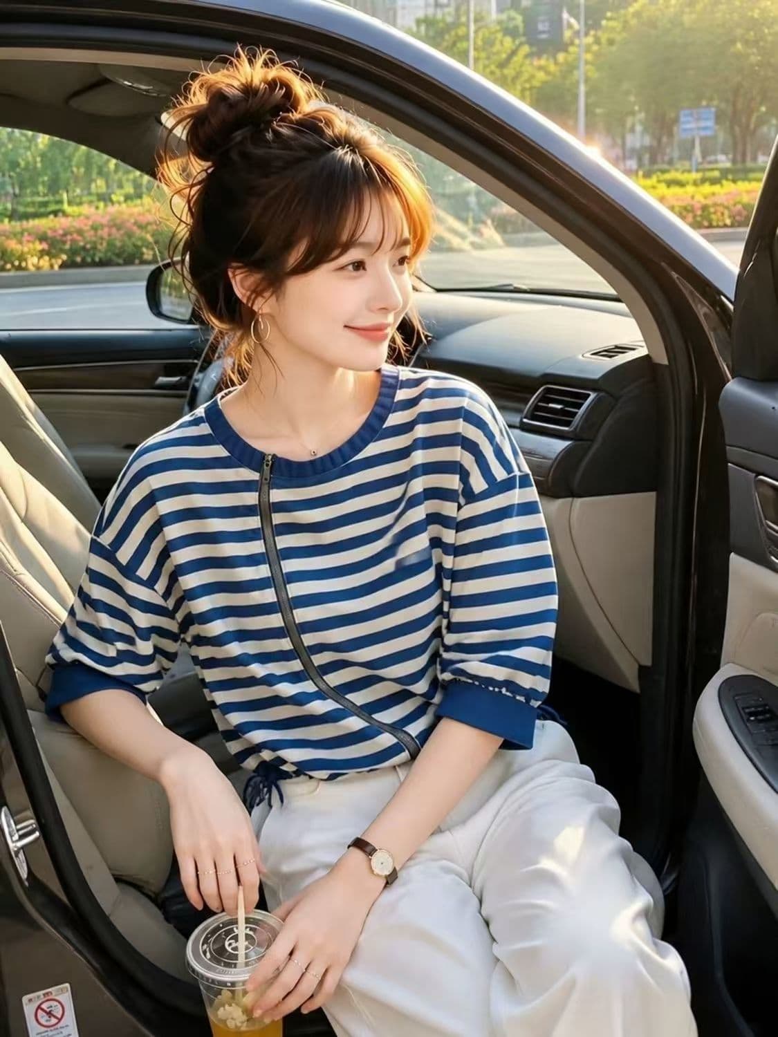 2026 여름 다용도 미니멀리즘 스트라이프 맨위 여성용 짧은 소매 루즈핏 펌프 로프 캐주얼 블루 흰색 스트립 곡물 티셔츠 싱글 맨위 상세 이미지 6