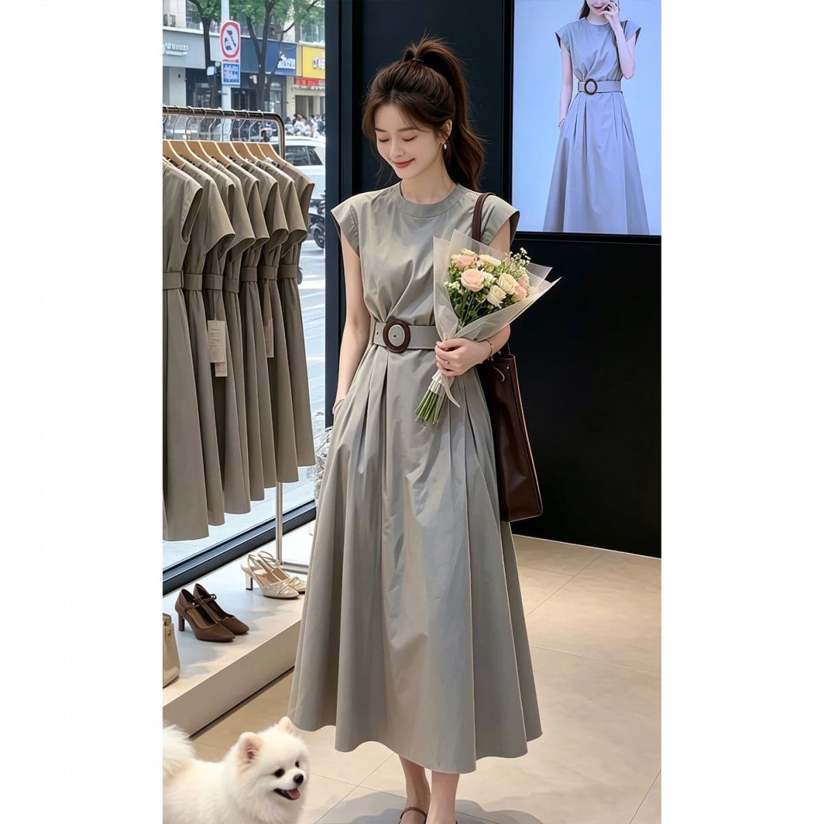 벨트 보내기 한 부서 여성 드레스 여름 2026 새로운 품격 아름다운 허리 수축 슬림해 보이는 롱 스커트 이미지 3