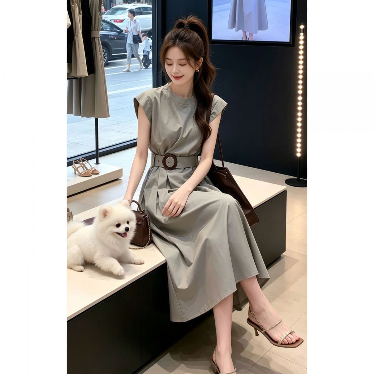 벨트 보내기 한 부서 여성 드레스 여름 2026 새로운 품격 아름다운 허리 수축 슬림해 보이는 롱 스커트 이미지 4