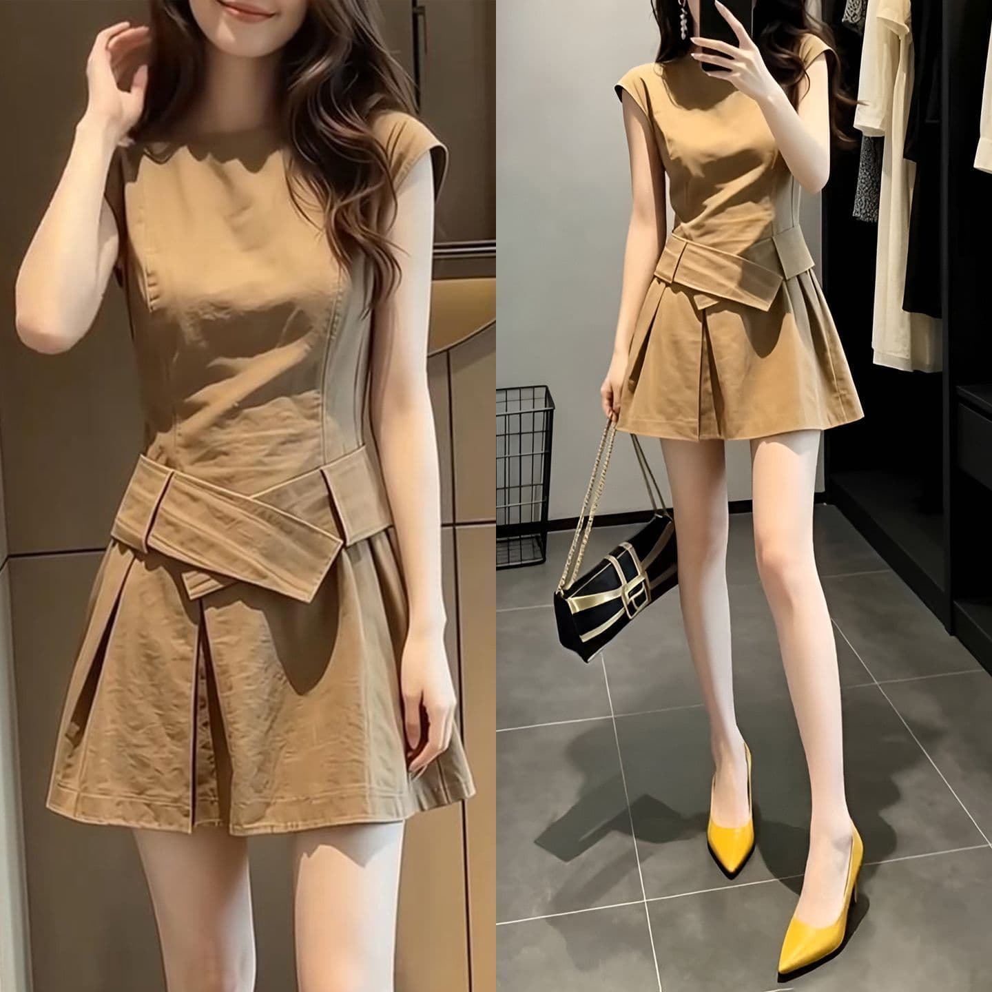 레트로 고급 캐주얼 민소매 여성 드레스 2026 여름 새로운 미니멀리즘 슬림해 보이는 한 마디 미니 스커트