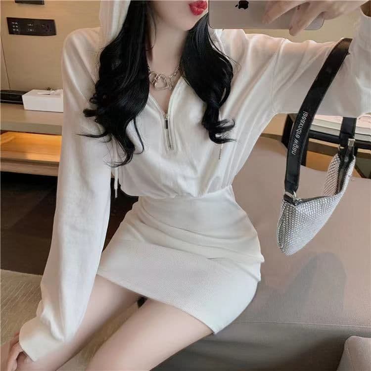 프랑스식 후드 캐주얼 후드티 여성 드레스 2026 가을 새로운 허리 수축 품격 슬림해 보이는 만나는 타이트 스커트 치마 상세 이미지 1