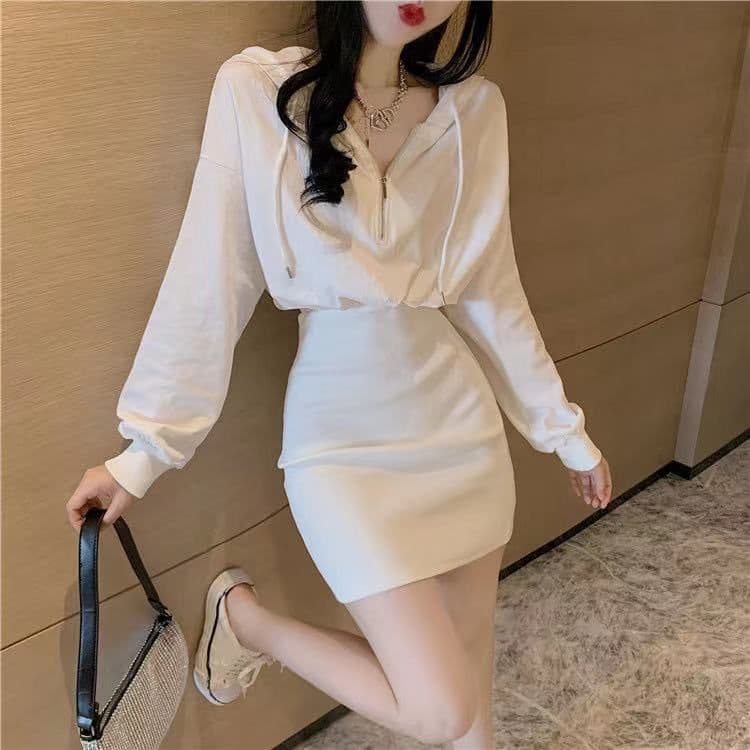 프랑스식 후드 캐주얼 후드티 여성 드레스 2026 가을 새로운 허리 수축 품격 슬림해 보이는 만나는 타이트 스커트 치마 상세 이미지 4
