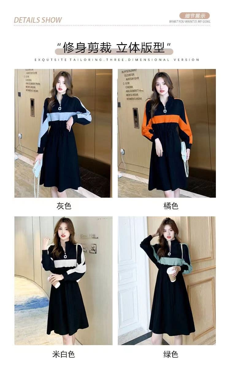 가을 겨울 드레스 새로운 반 개방 칼라 지퍼 허리 수축 치마 숙녀 바람 루즈핏 표지 배 패치워크 색상 롱 코트 기본 스커트 상세 이미지 2