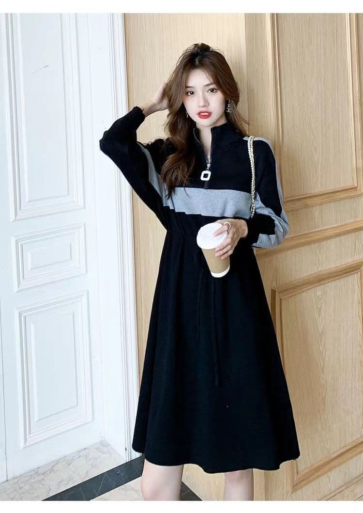 가을 겨울 드레스 새로운 반 개방 칼라 지퍼 허리 수축 치마 숙녀 바람 루즈핏 표지 배 패치워크 색상 롱 코트 기본 스커트 상세 이미지 3