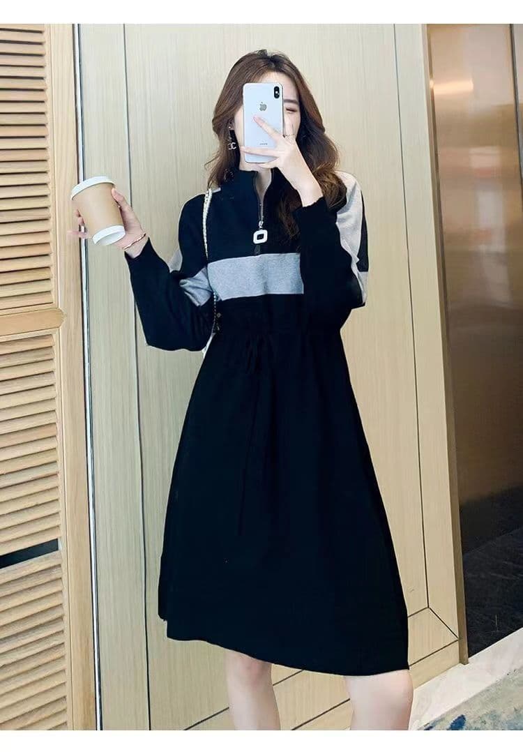 가을 겨울 드레스 새로운 반 개방 칼라 지퍼 허리 수축 치마 숙녀 바람 루즈핏 표지 배 패치워크 색상 롱 코트 기본 스커트 상세 이미지 4