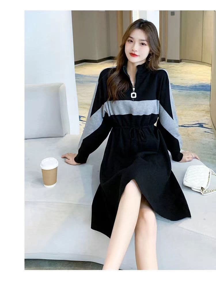 가을 겨울 드레스 새로운 반 개방 칼라 지퍼 허리 수축 치마 숙녀 바람 루즈핏 표지 배 패치워크 색상 롱 코트 기본 스커트 상세 이미지 5
