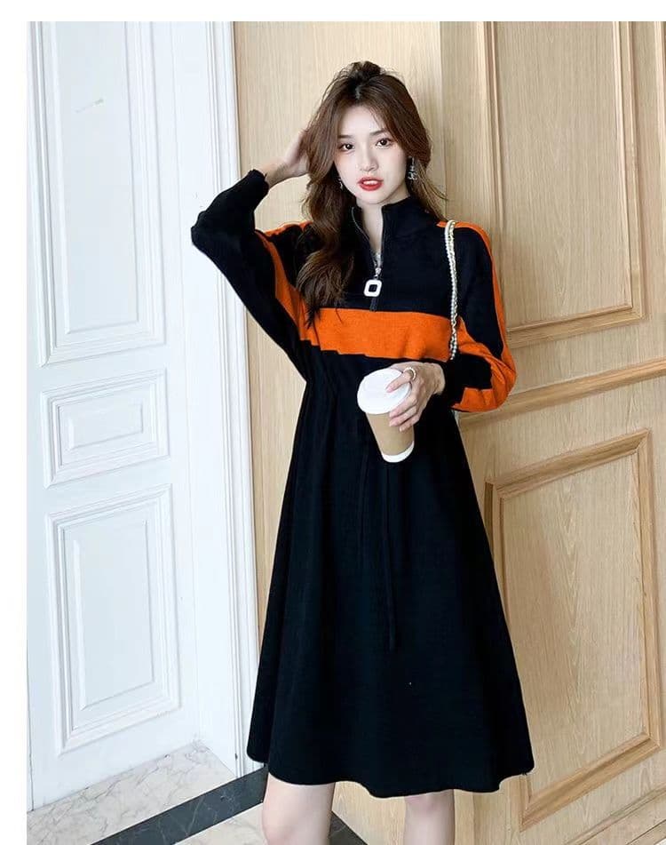 가을 겨울 드레스 새로운 반 개방 칼라 지퍼 허리 수축 치마 숙녀 바람 루즈핏 표지 배 패치워크 색상 롱 코트 기본 스커트 상세 이미지 7