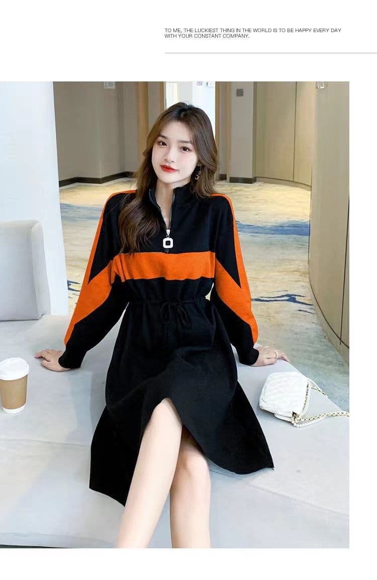 가을 겨울 드레스 새로운 반 개방 칼라 지퍼 허리 수축 치마 숙녀 바람 루즈핏 표지 배 패치워크 색상 롱 코트 기본 스커트 상세 이미지 8