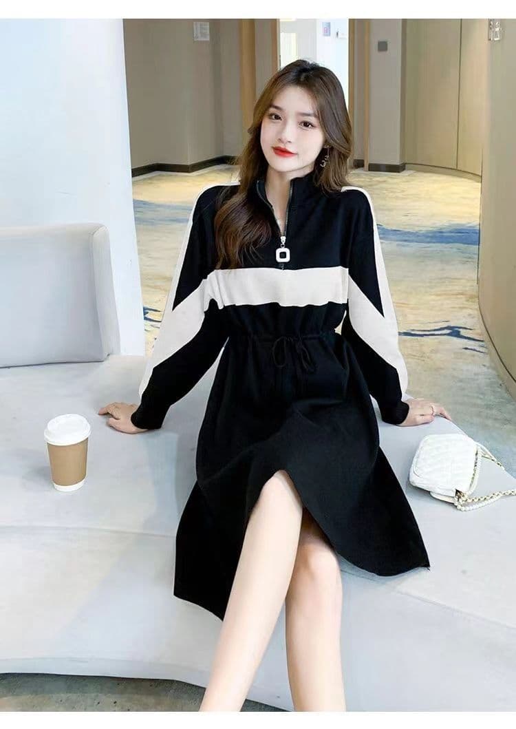 가을 겨울 드레스 새로운 반 개방 칼라 지퍼 허리 수축 치마 숙녀 바람 루즈핏 표지 배 패치워크 색상 롱 코트 기본 스커트 상세 이미지 9