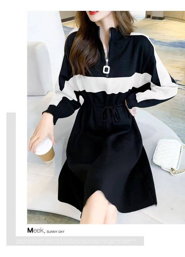 가을 겨울 드레스 새로운 반 개방 칼라 지퍼 허리 수축 치마 숙녀 바람 루즈핏 표지 배 패치워크 색상 롱 코트 기본 스커트 상세 이미지 10