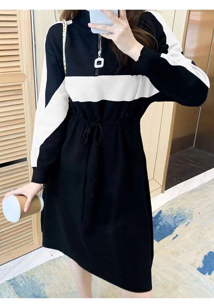 가을 겨울 드레스 새로운 반 개방 칼라 지퍼 허리 수축 치마 숙녀 바람 루즈핏 표지 배 패치워크 색상 롱 코트 기본 스커트 상세 이미지 11