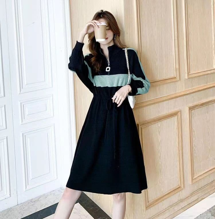 가을 겨울 드레스 새로운 반 개방 칼라 지퍼 허리 수축 치마 숙녀 바람 루즈핏 표지 배 패치워크 색상 롱 코트 기본 스커트 상세 이미지 12