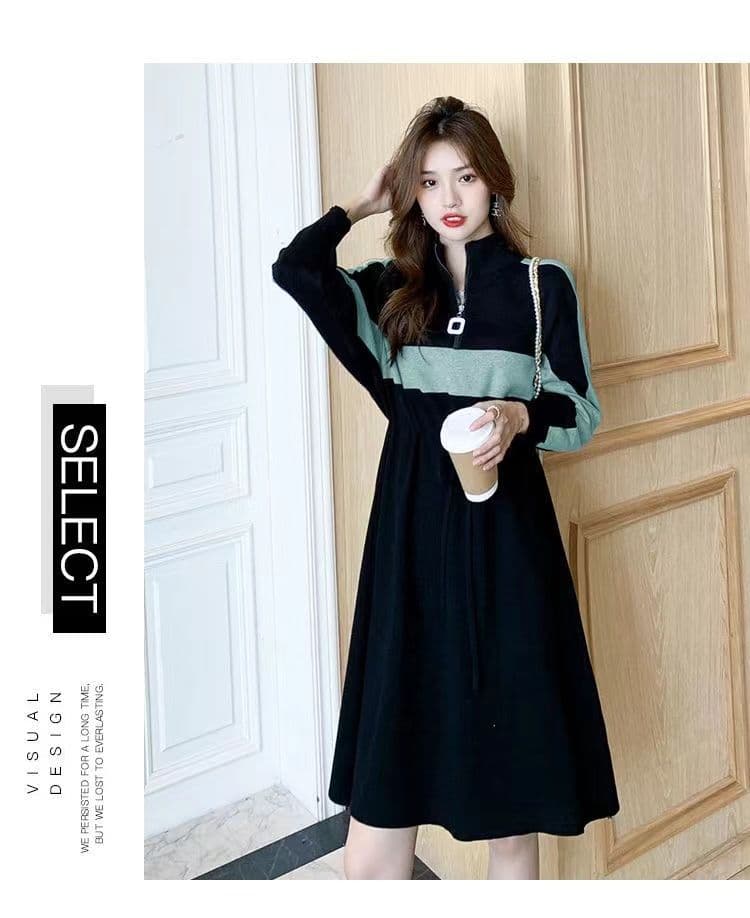 가을 겨울 드레스 새로운 반 개방 칼라 지퍼 허리 수축 치마 숙녀 바람 루즈핏 표지 배 패치워크 색상 롱 코트 기본 스커트 상세 이미지 13