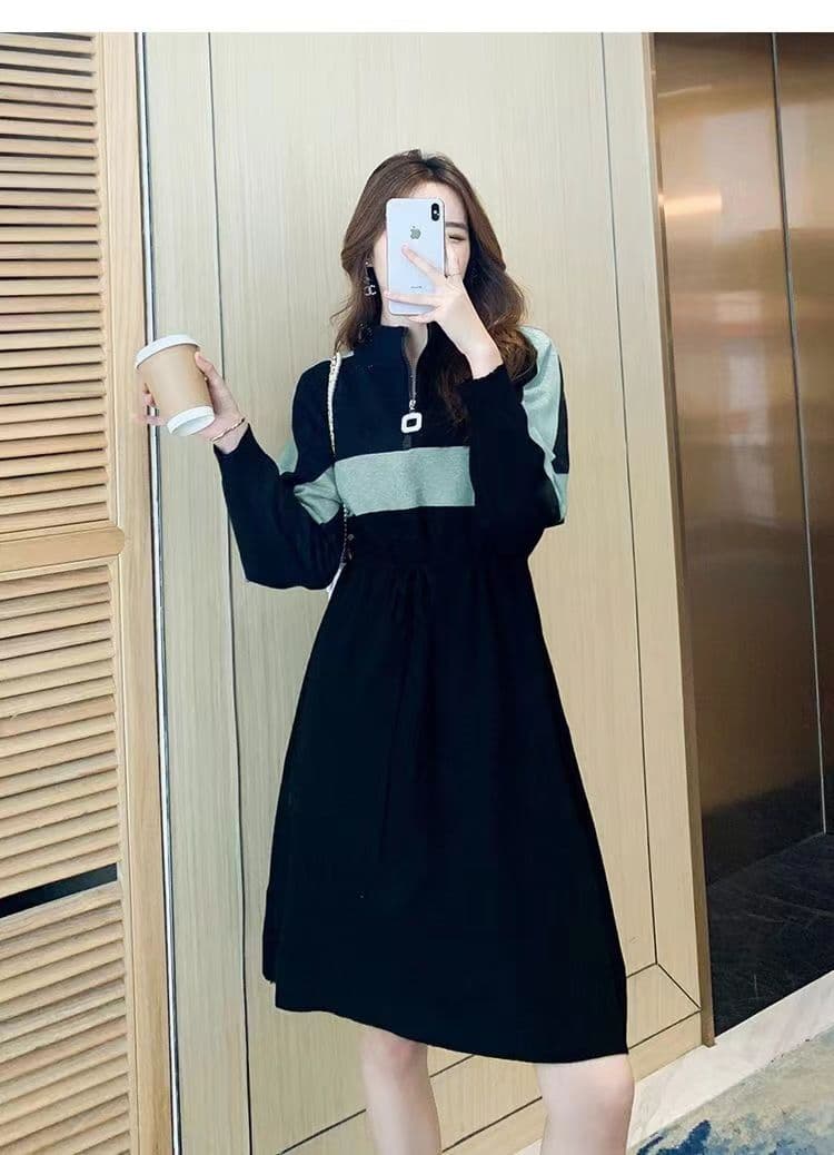 가을 겨울 드레스 새로운 반 개방 칼라 지퍼 허리 수축 치마 숙녀 바람 루즈핏 표지 배 패치워크 색상 롱 코트 기본 스커트 상세 이미지 14