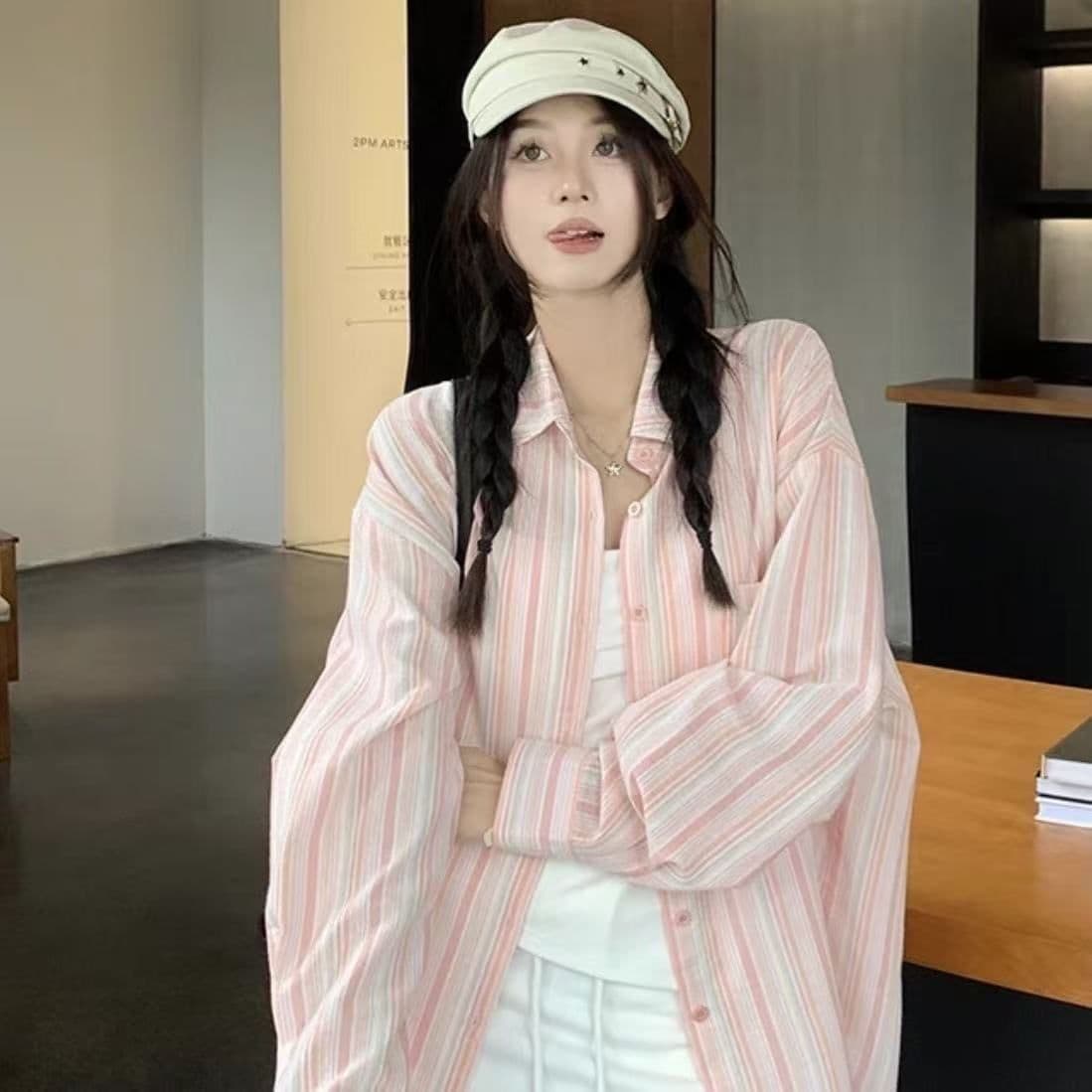 느긋한 바람 스트라이프 폴로 칼라 긴팔 자외선 차단 셔츠 여성 의류 2024 새로운 맨위 여름 루즈핏 캐주얼 외출용 상세 이미지 7