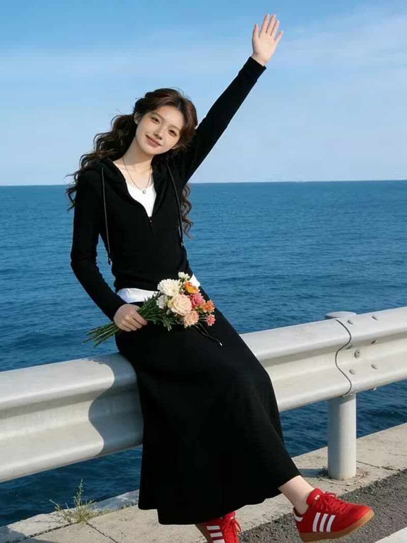 2026 새로운 가을 패션 캐주얼 허리 수축 페이크 레이어드 후드 맨위 세트 여성 슬림해 보이는 반신 스커트 투피스 세트 이미지 4