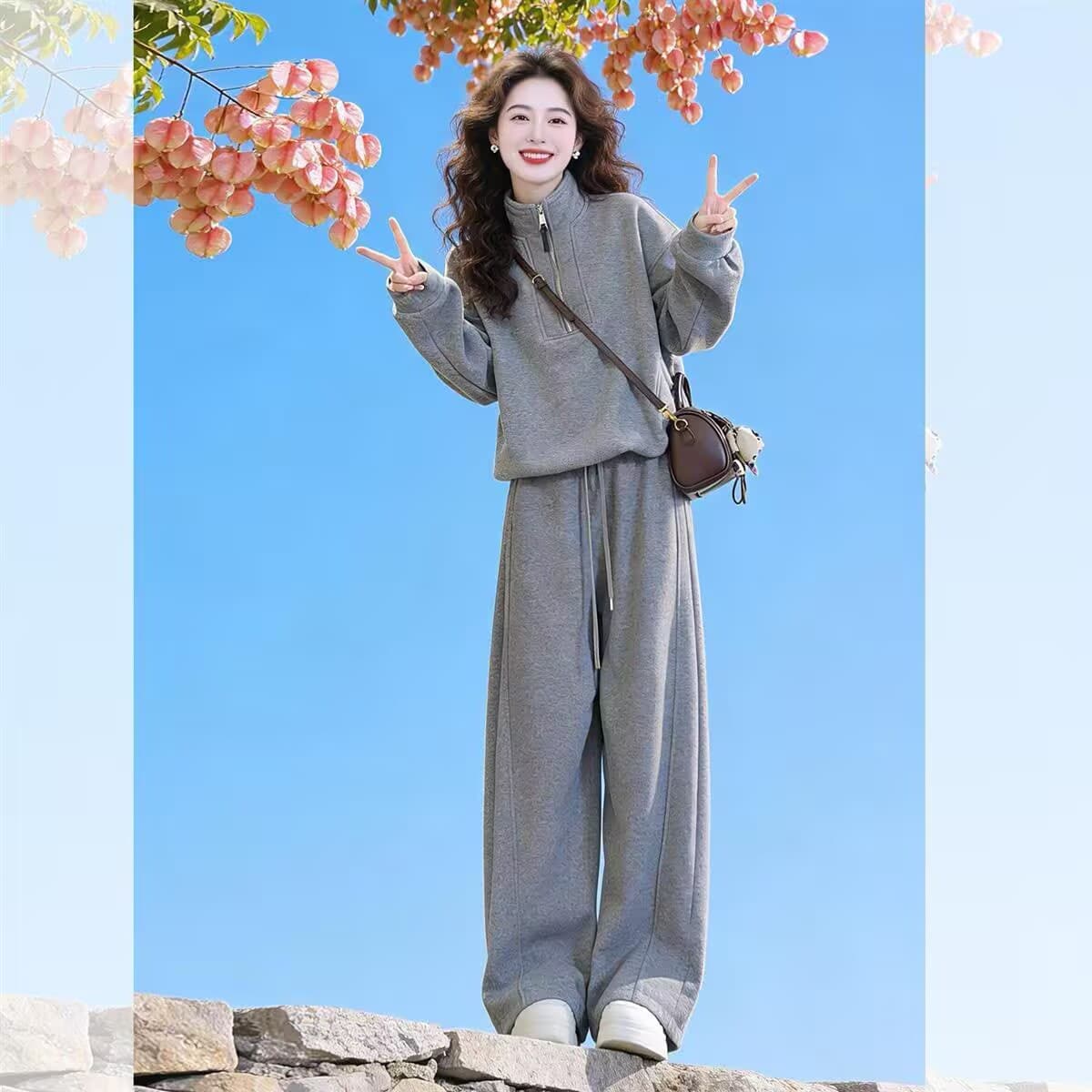스포츠 슈트 여성 봄 가을 학생 한국 스타일 루즈핏 슬림해 보이는 패션 긴팔 소금 부서 와이드 레그 팬츠 캐주얼 투피스 세트 상세 이미지 4