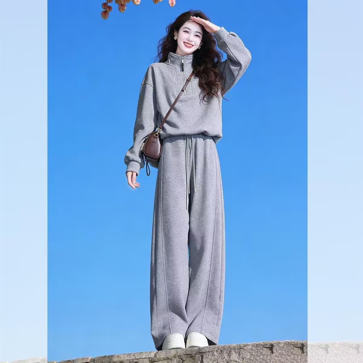 스포츠 슈트 여성 봄 가을 학생 한국 스타일 루즈핏 슬림해 보이는 패션 긴팔 소금 부서 와이드 레그 팬츠 캐주얼 투피스 세트 상세 이미지 5