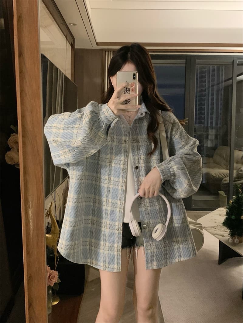 실사 빅 사이즈 봄 드레스 두꺼운 격자 무늬 셔츠 여성 코트 루즈핏 느긋한 바람 슬림해 보이는 고급 센스 POLO 칼라 맨위 상세 이미지 9