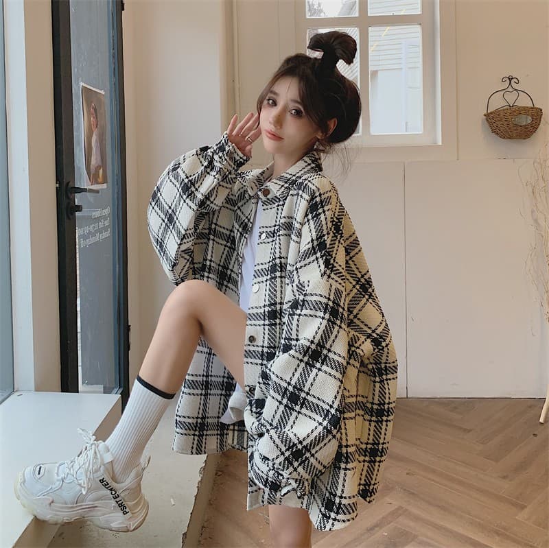 실사 빅 사이즈 oversize 봄 드레스 격자 무늬 셔츠 여성 코트 두꺼운 루즈핏 느긋한 바람을 피우다 롱 코트 셔츠 상세 이미지 14