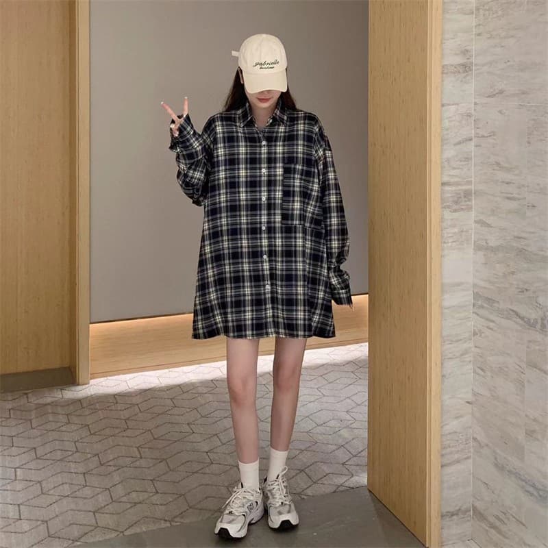 실사 빅 사이즈 봄 드레스 체크무늬 여성 코트 레트로 홍콩 느낌 셔츠 루즈핏 외출용 오픈 가디건 ins 트렌디 상세 이미지 15