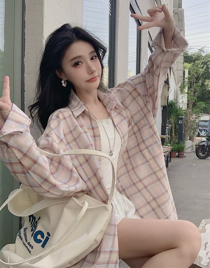 실사 빅 사이즈 2026 봄 드레스 새로운 한 부서 핑크색 격자 무늬 셔츠 여성 코트 루즈핏 긴팔 느긋한 바람 맨위 상세 이미지 4