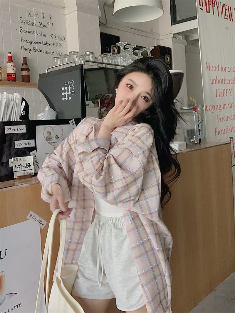 실사 빅 사이즈 2026 봄 드레스 새로운 한 부서 핑크색 격자 무늬 셔츠 여성 코트 루즈핏 긴팔 느긋한 바람 맨위 상세 이미지 8