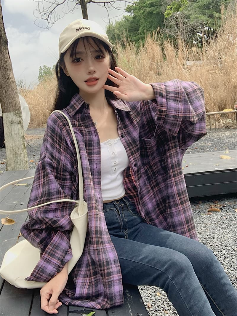 실사 빅 사이즈 봄 드레스 아메리칸 격자 무늬 셔츠 여성 코트 느긋한 바람 맨위 체크무늬 레트로 캐주얼 셔츠