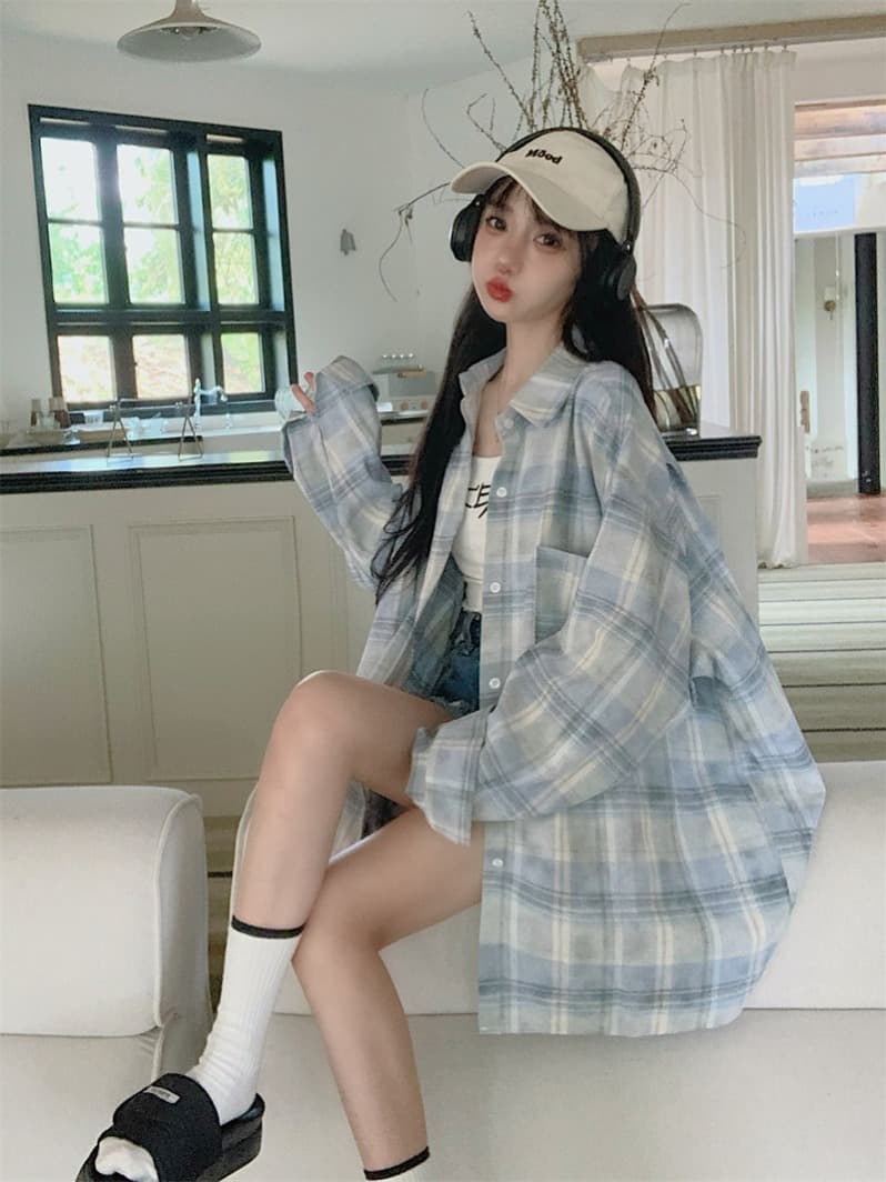 실사 빅 사이즈 봄 드레스 홍콩 느낌 레트로 체크무늬 POLO 칼라 셔츠 여성 의류 중간 길이 루즈핏 외부 잡아라. 의류 이미지 3