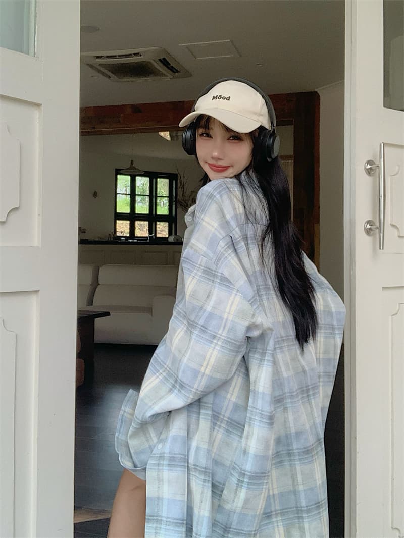 실사 빅 사이즈 봄 드레스 홍콩 느낌 레트로 체크무늬 POLO 칼라 셔츠 여성 의류 중간 길이 루즈핏 외부 잡아라. 의류 상세 이미지 7