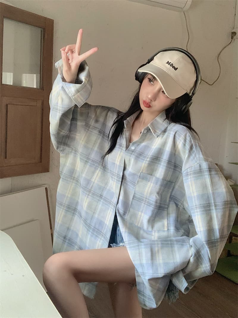 실사 빅 사이즈 봄 드레스 홍콩 느낌 레트로 체크무늬 POLO 칼라 셔츠 여성 의류 중간 길이 루즈핏 외부 잡아라. 의류 상세 이미지 13