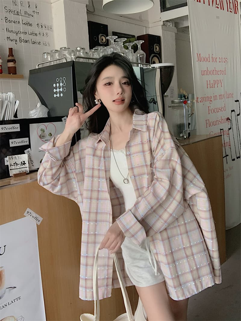 실사 빅 사이즈 2026 봄 드레스 새로운 한 부서 핑크색 격자 무늬 셔츠 여성 코트 루즈핏 긴팔 느긋한 바람 맨위 이미지 4
