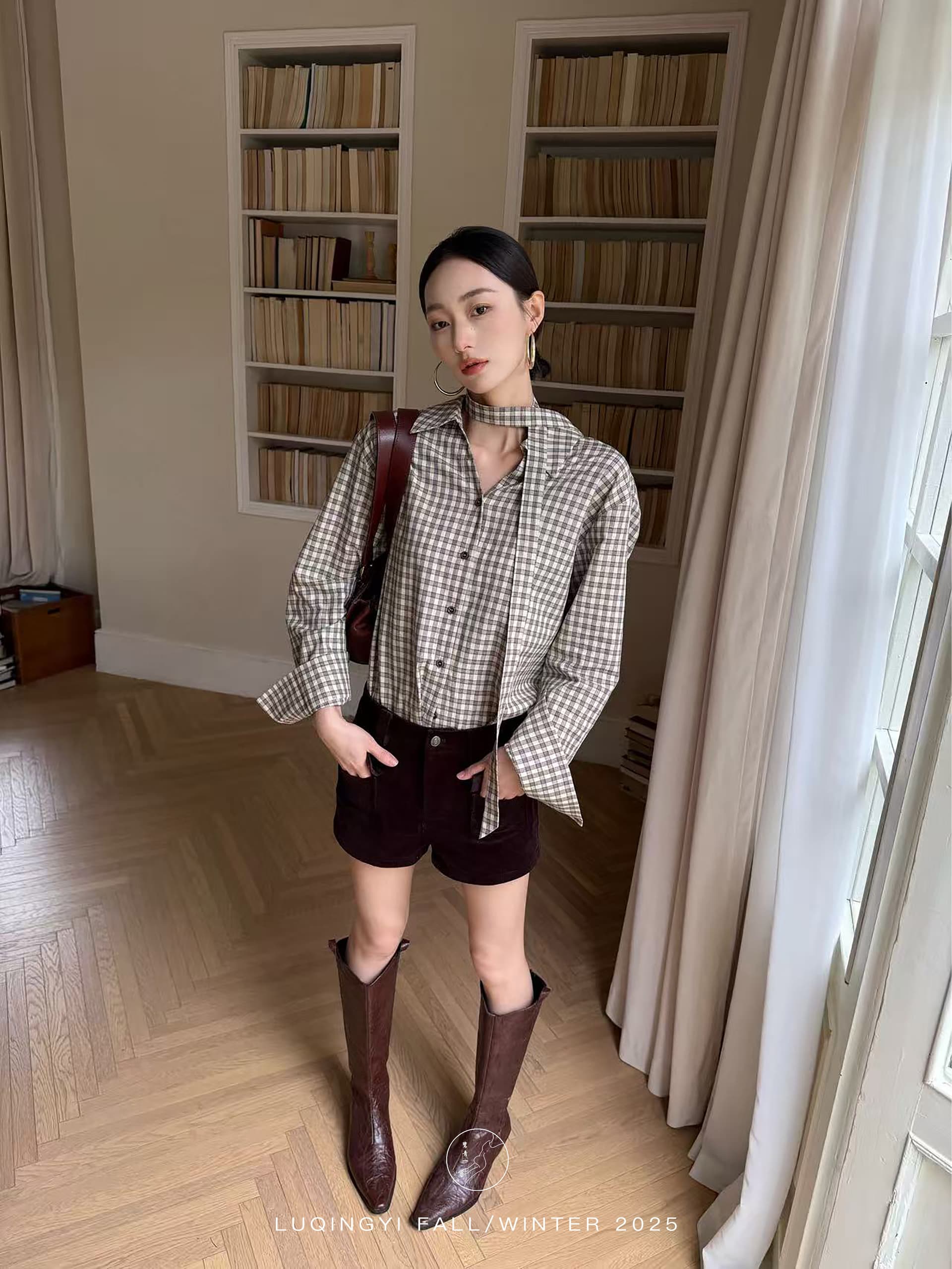 레트로 격자 무늬 셔츠 맨위 여성 봄 가을 가을 어깨 디자인 센스 캐주얼 셔츠 여성 이미지 4