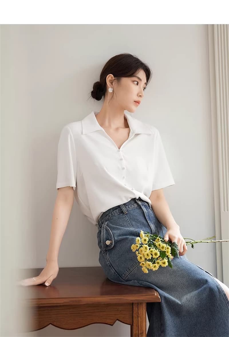 빅 사이즈 여성 의류 자외선 차단 마이크로 지방 mm 슬림해 보이는 V 넥 셔츠 반팔 여름 캐주얼 긍정적 인 어깨 의류 상세 이미지 2
