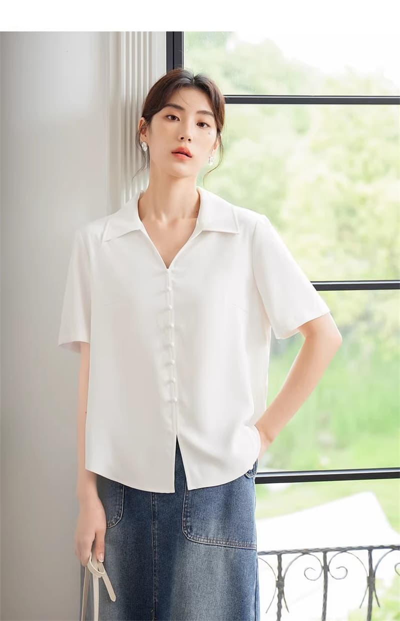 빅 사이즈 여성 의류 자외선 차단 마이크로 지방 mm 슬림해 보이는 V 넥 셔츠 반팔 여름 캐주얼 긍정적 인 어깨 의류 상세 이미지 4