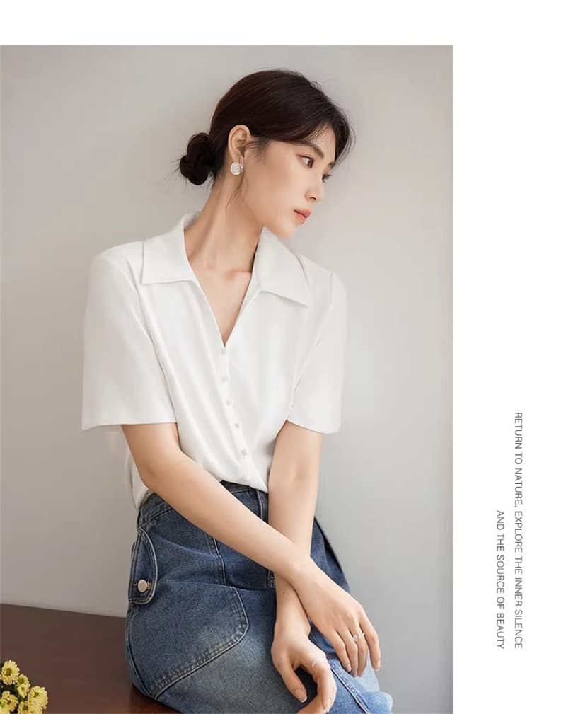 빅 사이즈 여성 의류 자외선 차단 마이크로 지방 mm 슬림해 보이는 V 넥 셔츠 반팔 여름 캐주얼 긍정적 인 어깨 의류 상세 이미지 6